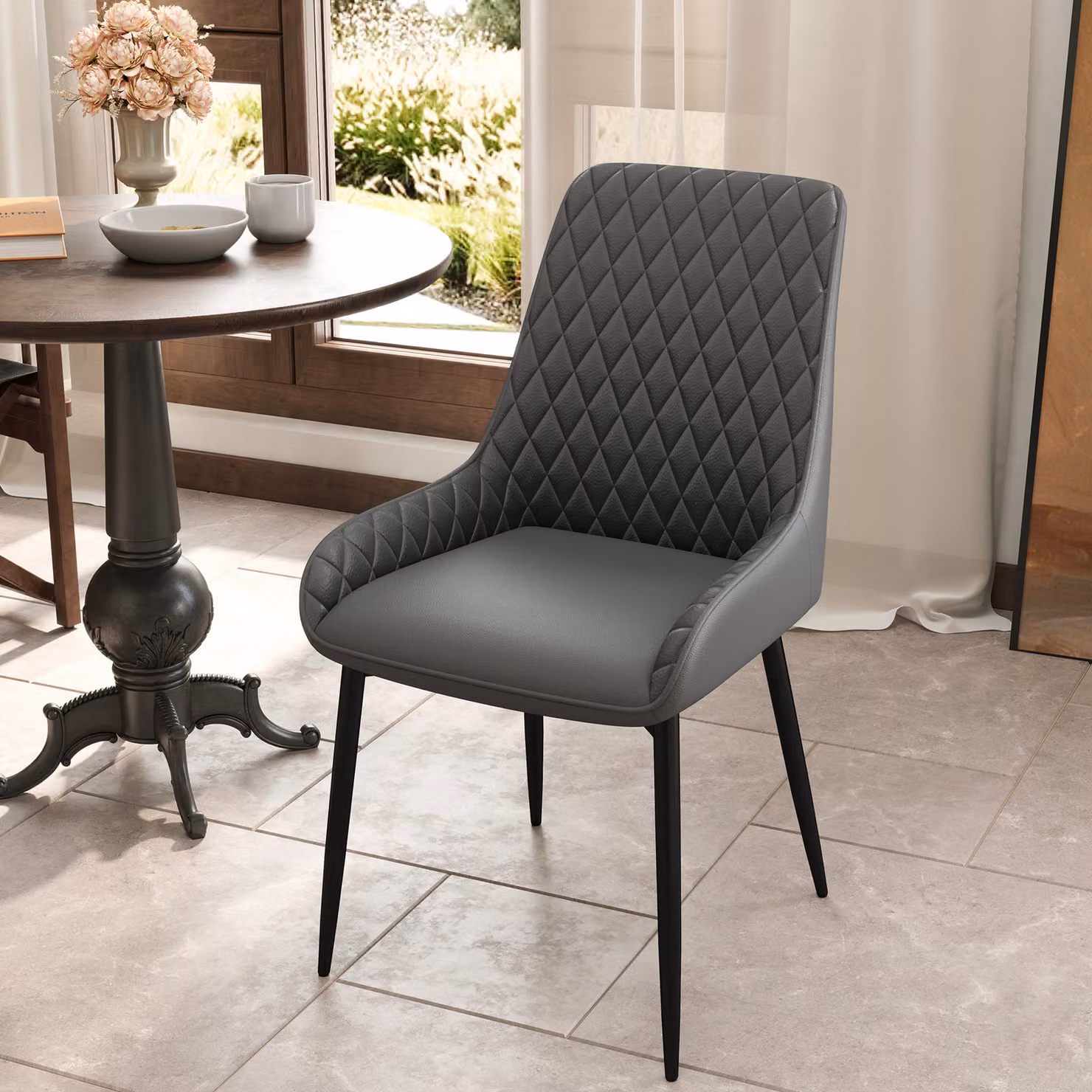 HOMCOM Set of 4 Modern Quilted PU Leather Dining Chairs with Metal Frame in Grey – 6