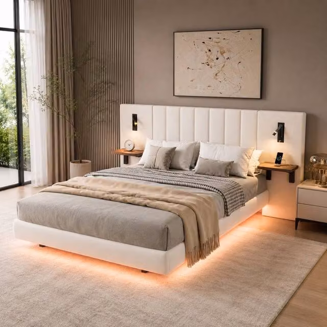 STILVORA White Velvet Upholstered Double Bed with Storage, USB Charging Port, Reading Light and Under-bed Lighting, W/D/H: 135 x 190 x 103 cm
