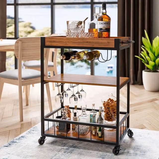 Livingandhome Industrial Wooden Kitchen Trolley with Steel Frame and Castors, Brown