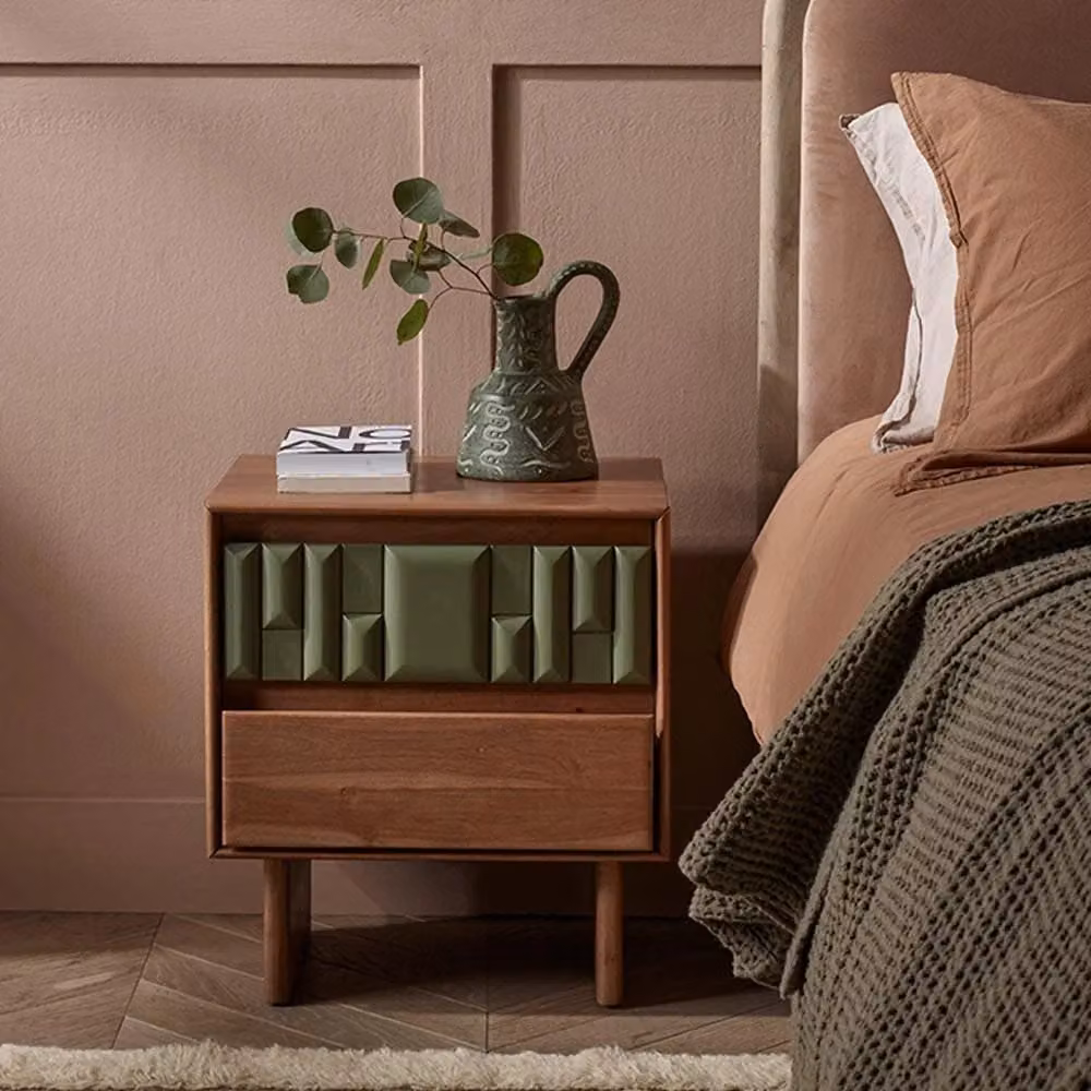 Atkin & Thyme Lisbon Mid-Century Acacia Wood Bedside Table in Green and Brown, W/D/H: 35 x 45 x 50 cm