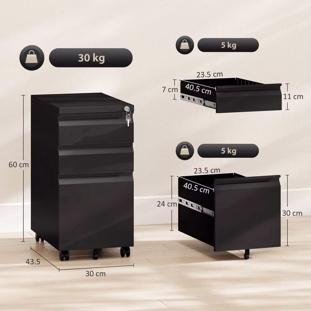 FORGEVIO 3-Drawer Metal Filing Cabinet with Lock and Castors, Black – 2