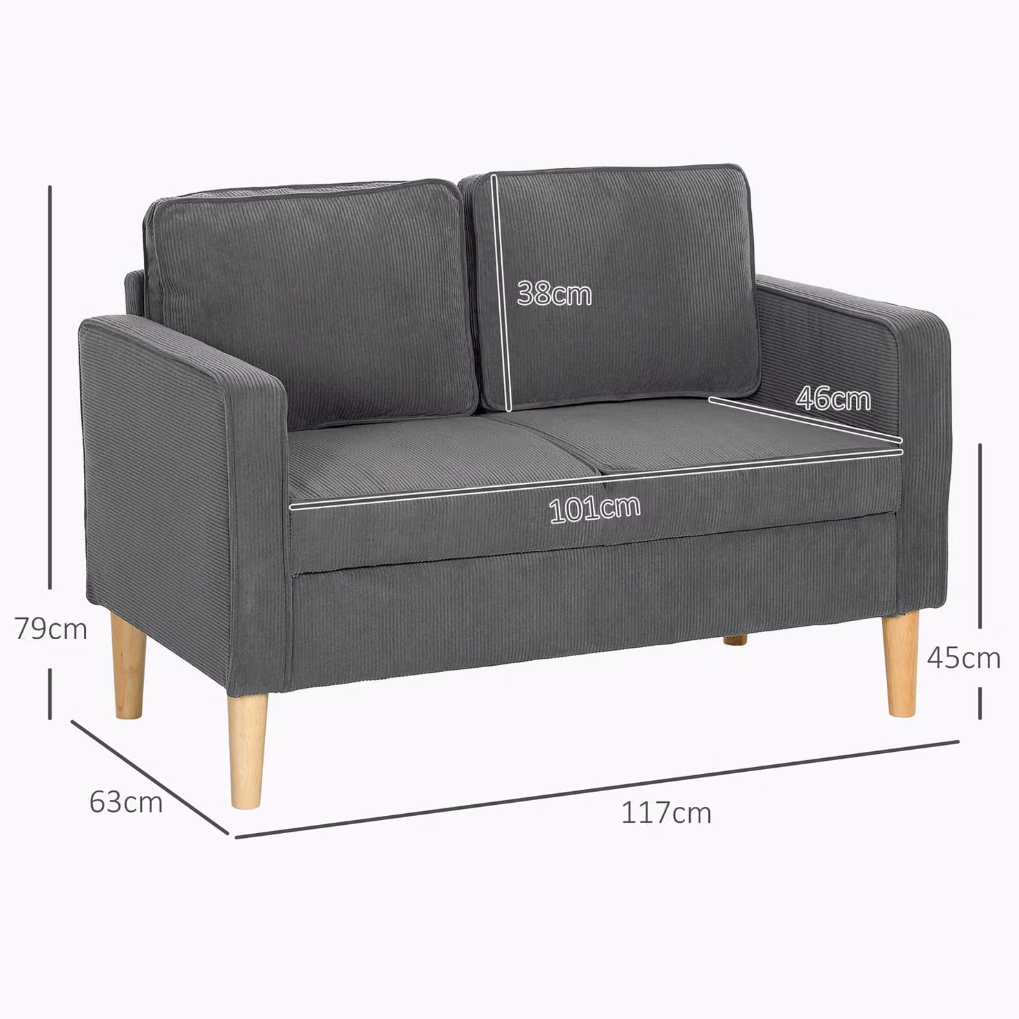 HOMCOM Small Two-Seater Corduroy Sofa in Grey with Solid Wood Frame and Removable Covers – 3