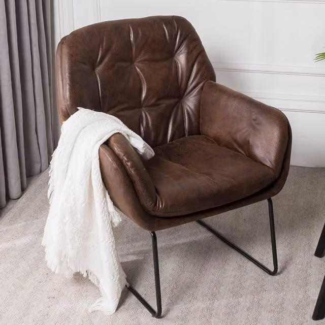 Livingandhome Retro Tub Armchair in Brown Synthetic Leather with Gold Metal Legs
