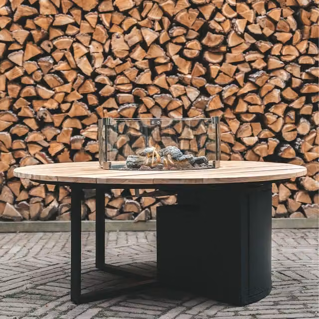 Pacific Lifestyle Cosiloft Round Fire Pit Table in Black with Teak Wood, Diameter: 120 cm