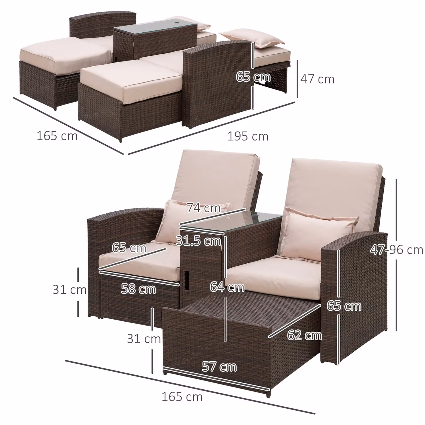 Outsunny Brown Rattan Garden Sofa Lounger with Adjustable Headrest and Outdoor Fabric – 9