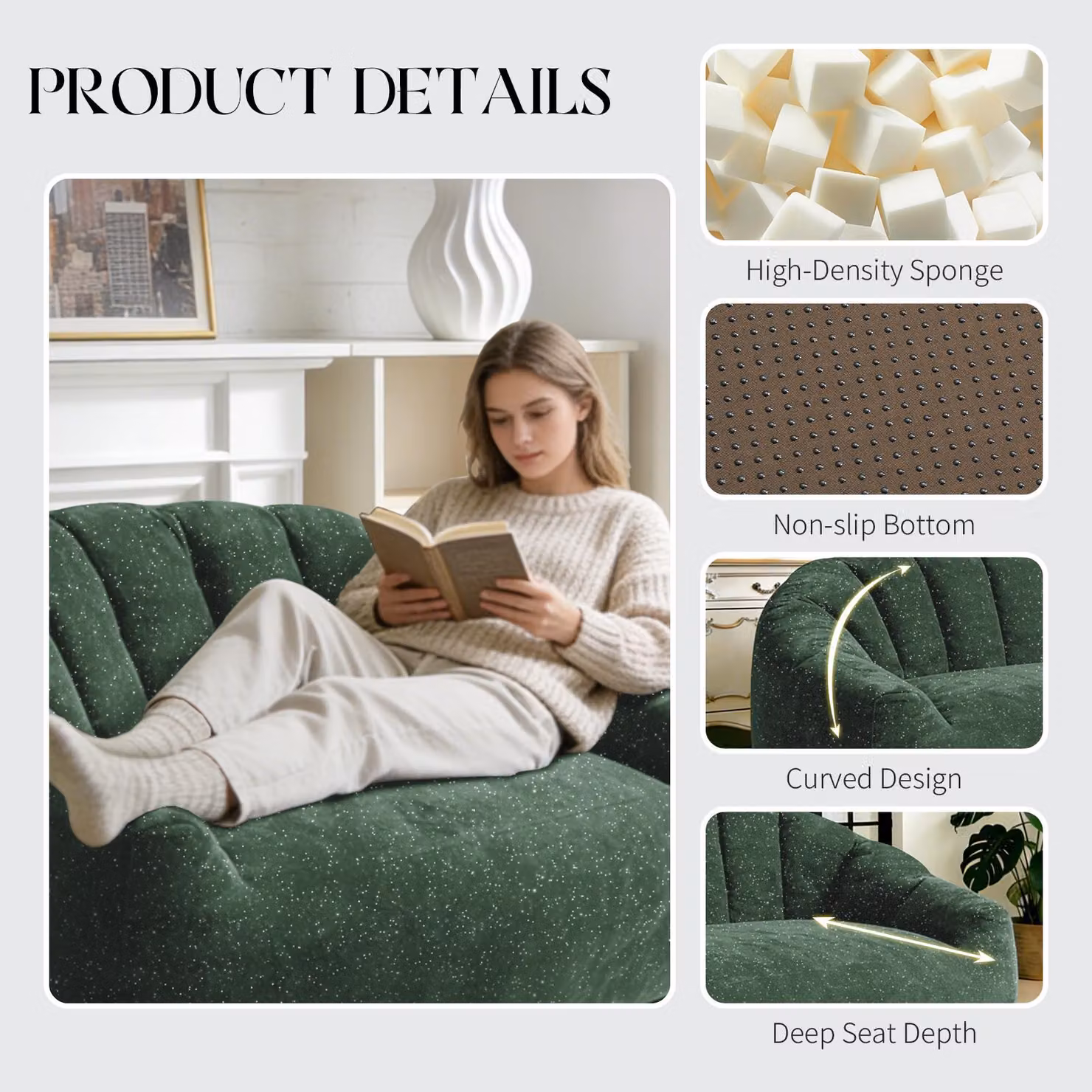 Aosom UK Plush 2-Seater Bean Bag Sofa in Green, W/D/H: 98 x 140 x 61 cm – 6