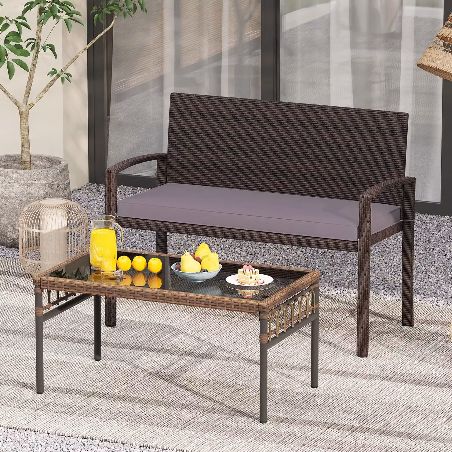 Costway Grey Rattan 2-Seat Patio Loveseat Wicker Bench with Soft Cushions – 10
