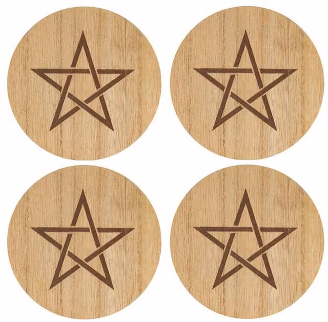 KDMK Round Geometric Engraved Pentagram Wood Coaster Set in Brown