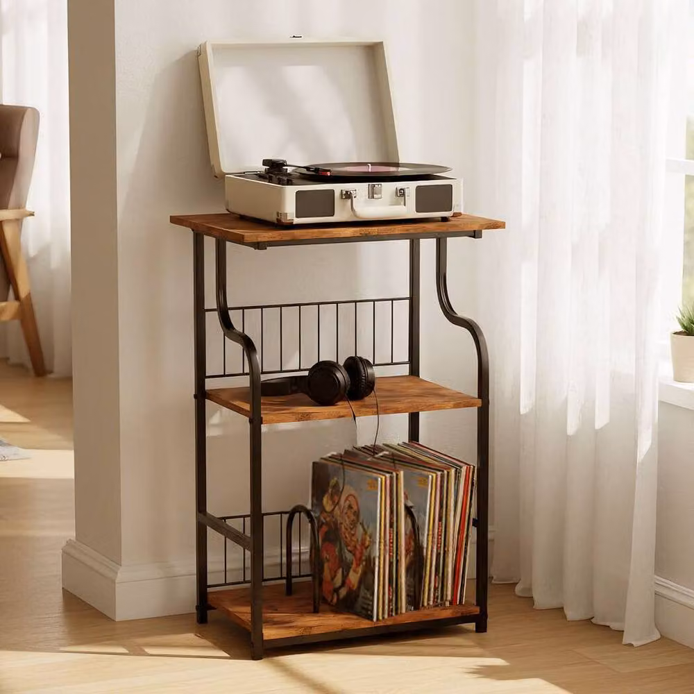 Levede 3-Tier Vintage Record Player Stand and Vinyl Storage Side Table in Brown and Black, W/D/H: 50 x 30 x 74 cm – 3