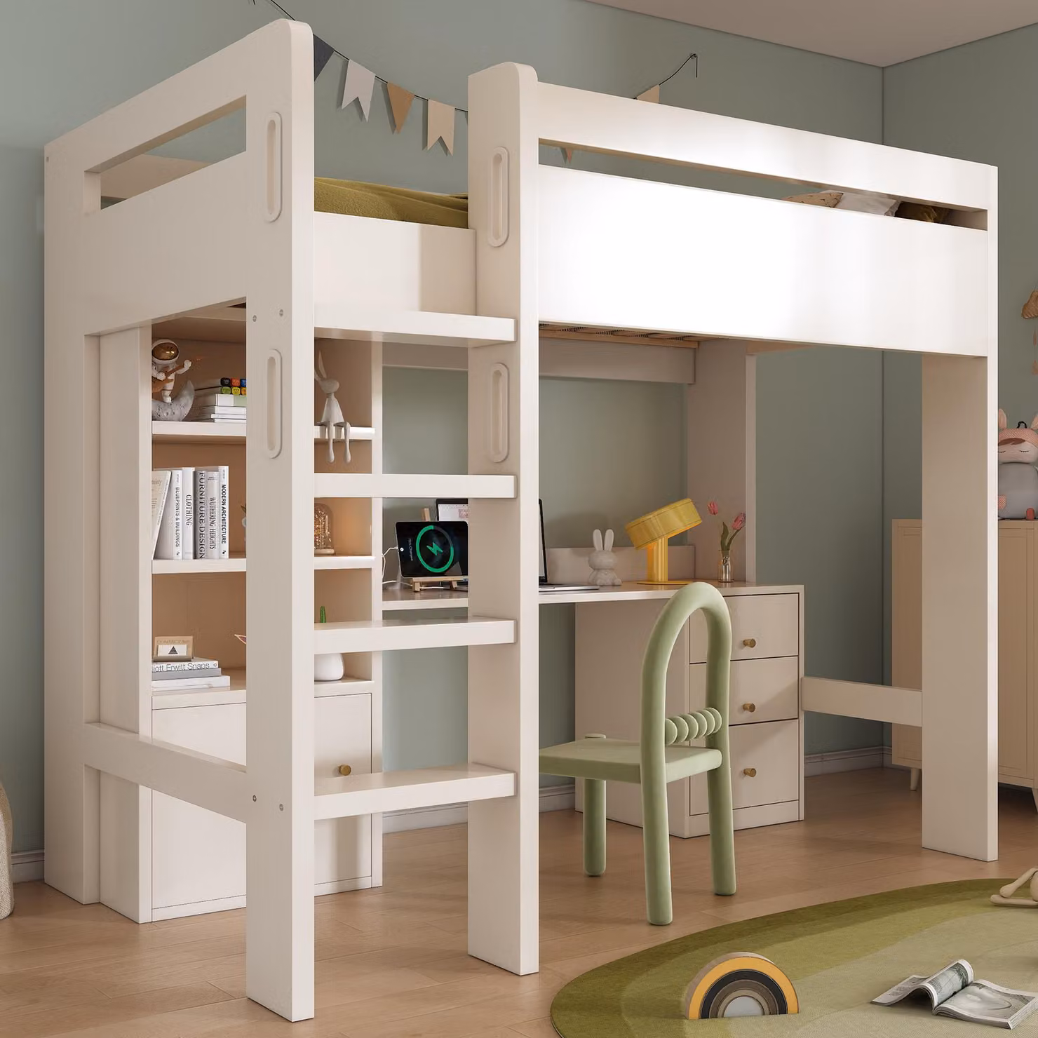 Aosom UK Kids High Sleeper Loft Bed in White with Built-in Storage Drawers and USB/Type-C Charging, W: 108 cm, D: 196 cm, H: 175 cm – 4