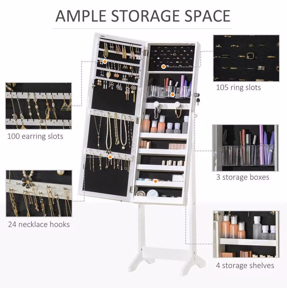 STILVORA Jewellery Cabinet with LED Lighting and Full-Length Mirror, White – 3