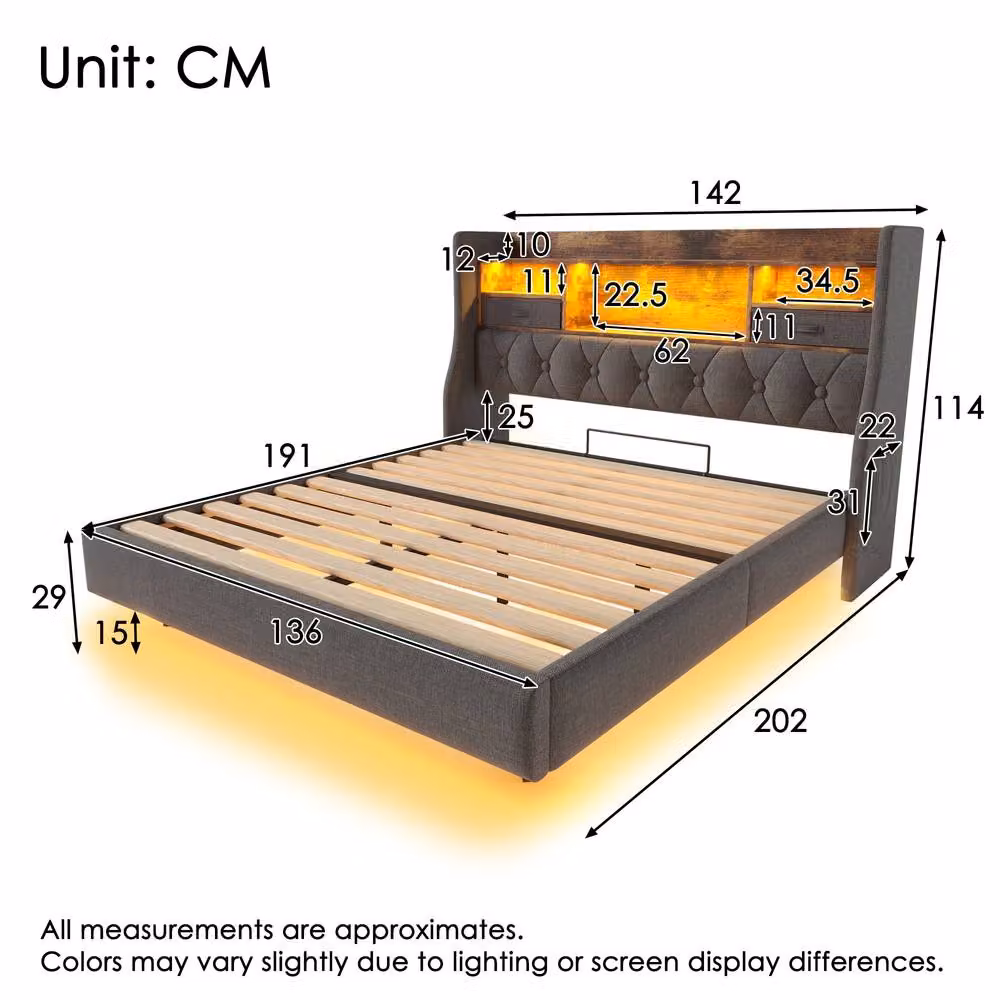 Rolipo Grey Linen Upholstered 4ft6 Double Floating Bed with LED Lighting, USB Charging Ports and Side Compartments, W/D/H: 140 x 200 x 137.16 cm – 2