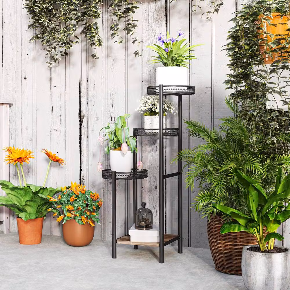 STILVORA 4 Tier Plant Stand with Wooden Shelves in Black, W/D/H: 80 x 25 x 25 cm – 3