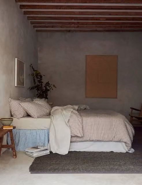Piglet In Bed Pure Linen Checked Duvet Cover in Beige