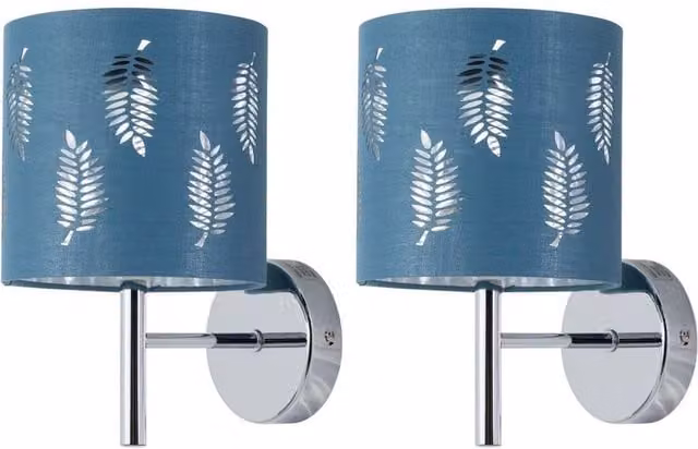 First Choice Lighting Brea Set of 2 Chrome Wall Lights with Teal Fabric Shades – 1
