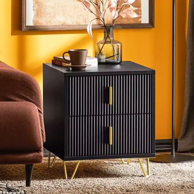 SoBuy Set of 2 Black Bedside Tables with 2 Drawers and Gold Metal Legs