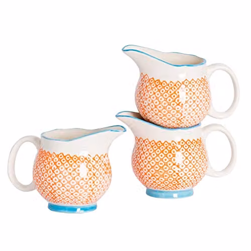 Nicola Spring Hand-Printed Floral Ceramic Milk Jugs, Orange, 300ml, Pack of 6