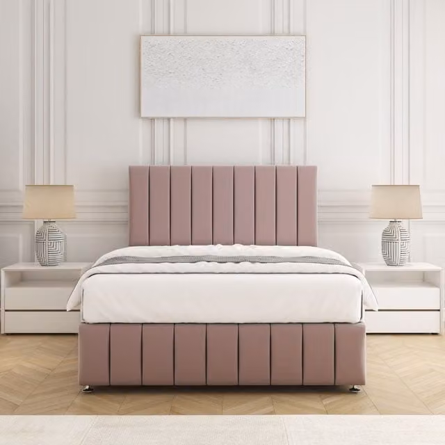 BSSPOKE Sierra Plush Velvet Divan Bed Set with 24 inch Headboard and Mattress in Pink, Double, W/D/H: 140 x 200 cm