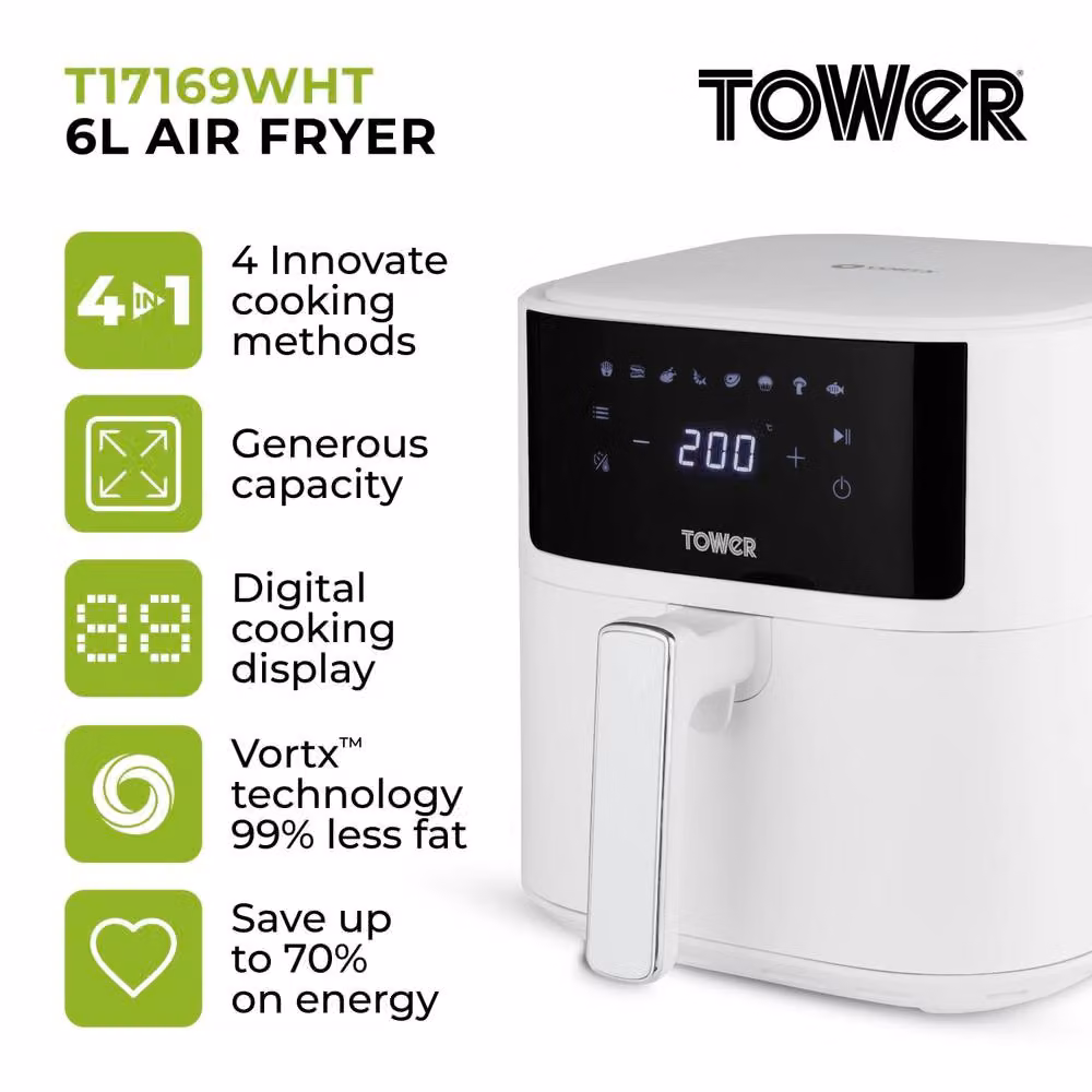 Tower Vortx 6L Air Fryer with Digital Control Panel and 8 Pre-Set Functions, 1700W, White – 2