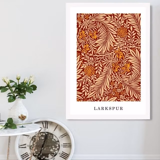 ARTZE Vintage William Morris Larkspur Floral Art Print in Orange and Beige with White Frame