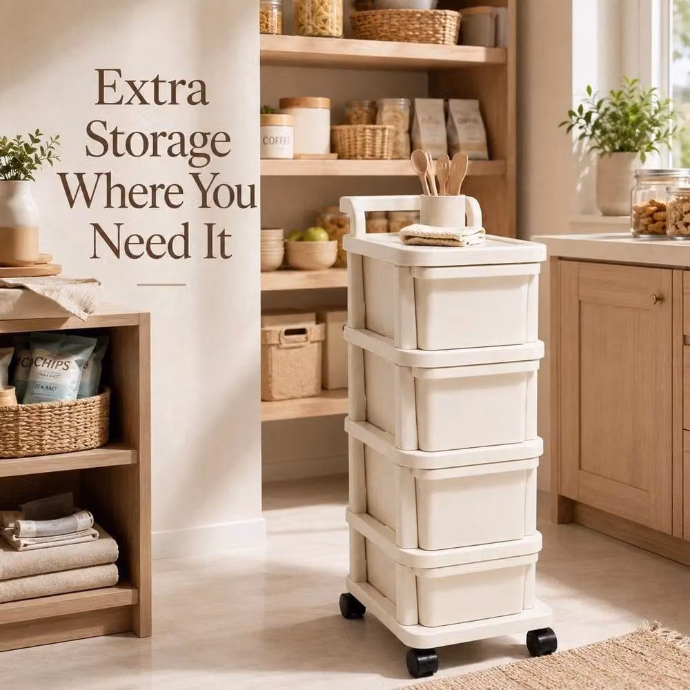 FORGEVIO 4-Tier Plastic Storage Trolley with Castors in Milky White – 2