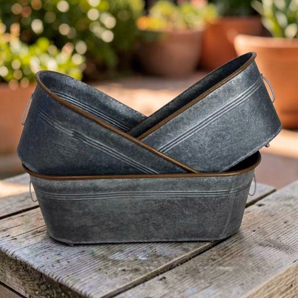 Four Candle Set of 3 Galvanised Steel Oval Metal Trough Planters in Grey, W: 36.0 cm, D: 23.0 cm – 2