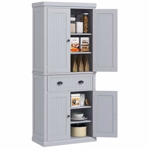 HOMCOM Grey Tall Kitchen Cupboard with 4 Doors and Internal Drawers, H 183 x W 76.2 x D 40.2 cm