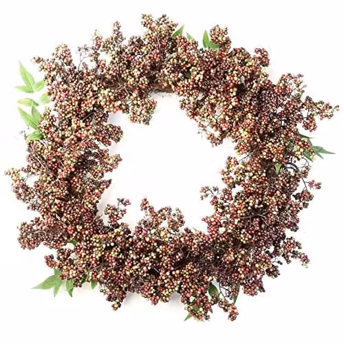 Leaf Design Hanging Round Artificial Berry Wreath in Black, Red and Multicolour, Diameter: 55 cm