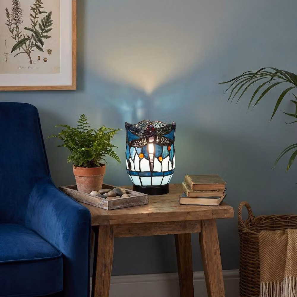 Happy Homewares Classic Dragonfly Tiffany Uplighter Tabletop Lamp in Blue Stained Glass and Black Metal, H: 40.0 cm, W: 18.0 cm, D: 15.0 cm – 4