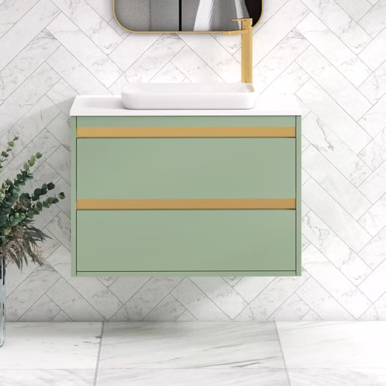 Royal Bathrooms Orion 800mm Mint Sage Wall Hung Vanity Unit with Qubix Basin and Brushed Brass Accent Trim, Plain White Countertop, 2 Drawers