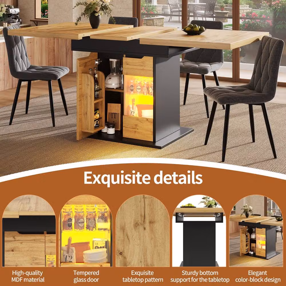Merax Extendable Modern Rectangular Dining Table with LED Lighting and Storage in Brown and Sand – 5