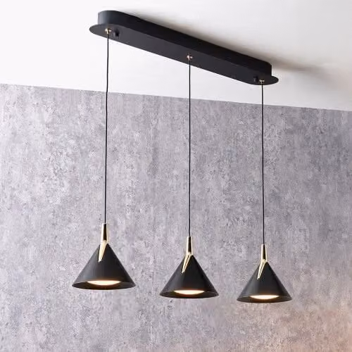 Ruma Modern 3 Drop LED Suspended Ceiling Light in Black and Gold/Brass – 1