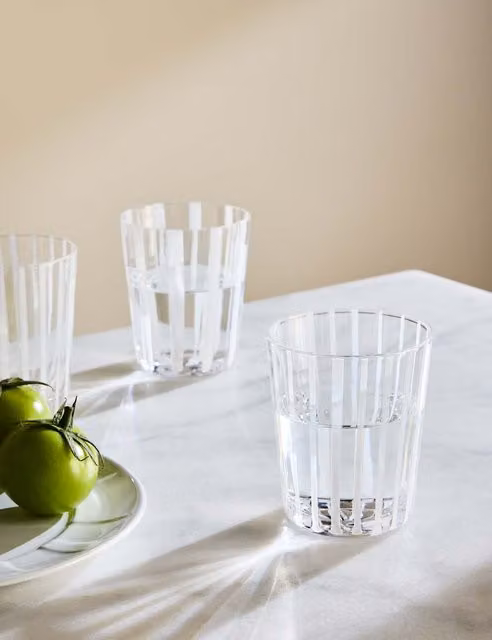 M&S x Kelly Hoppen Set of 4 Striped Glass Tumblers in White and Transparent