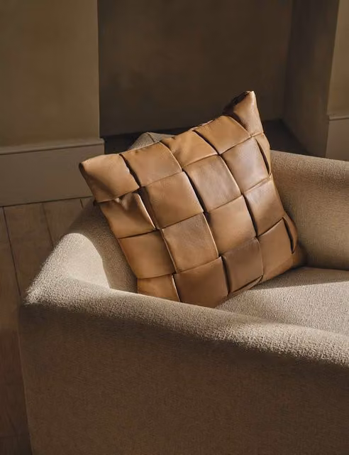 M&S Brown Leather and Cotton Basket Weave Square Cushion