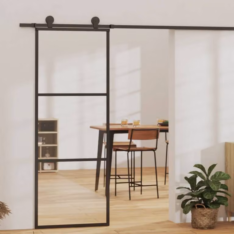 Berkfield Home Sliding Glass and Aluminium Door with Hardware Set, Black, W: 76 cm, H: 205 cm