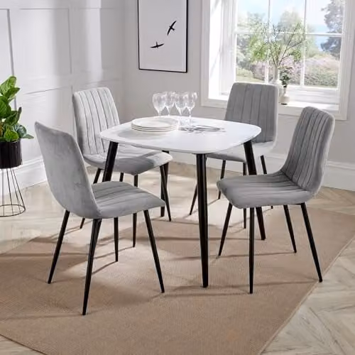 Core Products Aspen Casual Dining Set with Square White Wood Table and Four Light Grey Upholstered Fabric Chairs with Black Metal Legs – 1