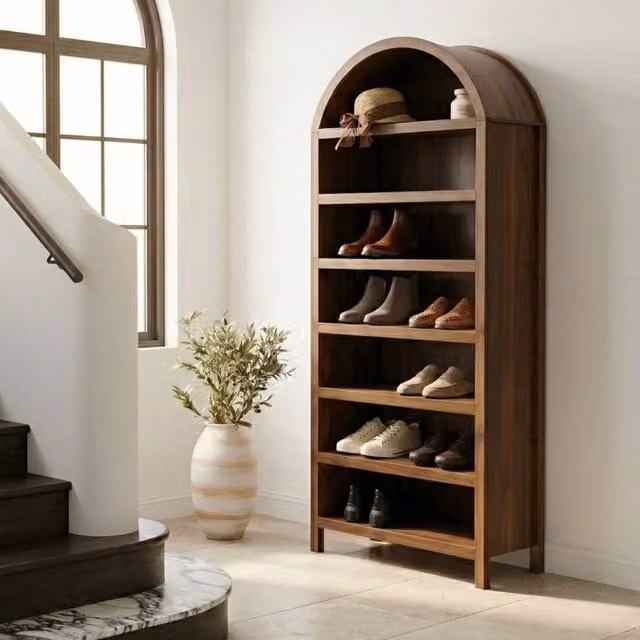 Wyld and Coco Modern Brown MDF Wall Mounted Shoe Storage Cabinet with Doors and Open Shelves – 1