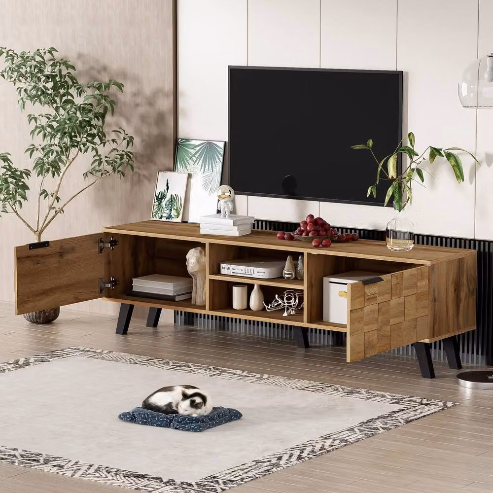 ModernLuxe Modern TV Cabinet with 2 Doors and 2 Open Shelves in Beige and Brown, W/D/H: 120 x 35 x 45 cm – 4