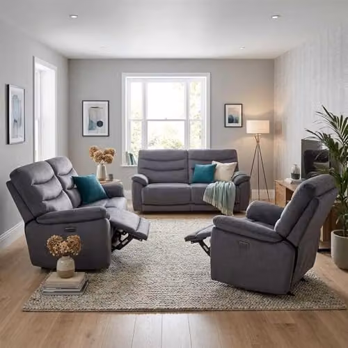 Furnishings For Less UK Tilly 3 Piece Electric Power Recliner Sofa Suite in Charcoal Fabric with USB Charging Ports, including 3 Seater, 2 Seater and Armchair – 2