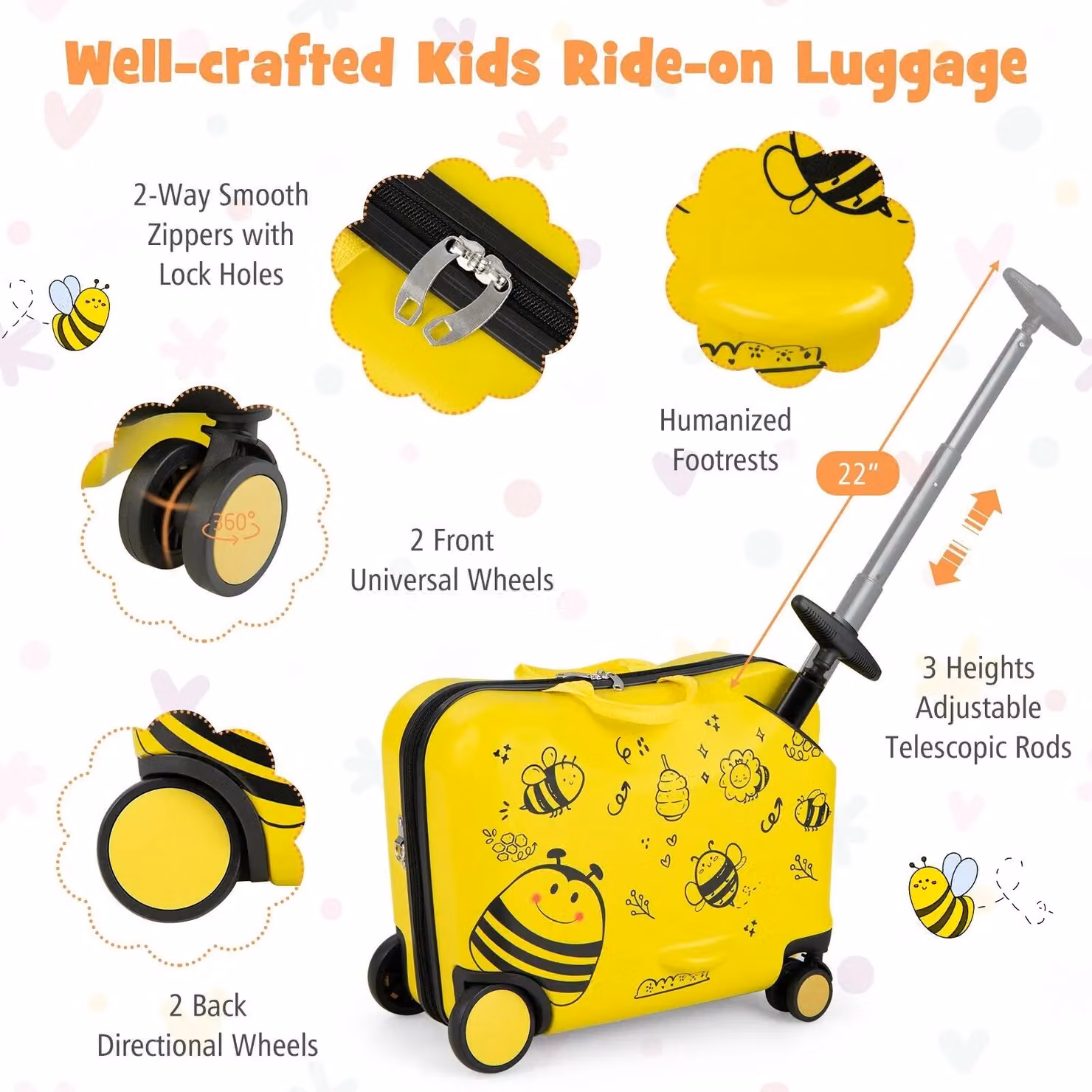 Costway Kids Ride-on and Carry-on Hardshell Suitcase Set of 2, Yellow and Multicolour – 3
