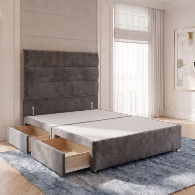 Horizona Velvet Divan Bed Base with Floor Standing Headboard and Drawers, Grey, W/D/H: 200 x 180 x 34.5 cm