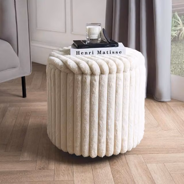 OHS Ribbed Faux Fur Ottoman Storage Box with Lid and Folding Footstool in Cream – 1