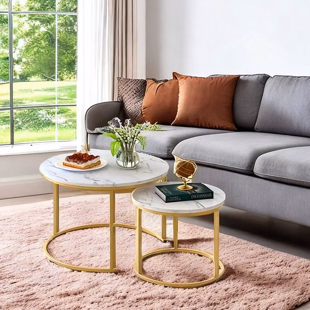 KORVIXA Set of 2 Round White Marble Nesting Coffee Tables with Sled Base – 3
