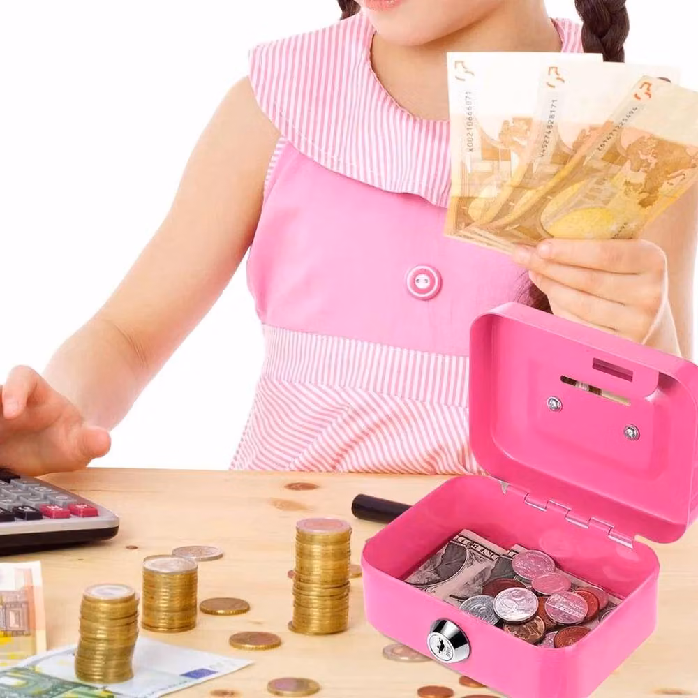FLAVORA Pink Metal Lockable Cash Box with Handles for Secure Money Storage – 4