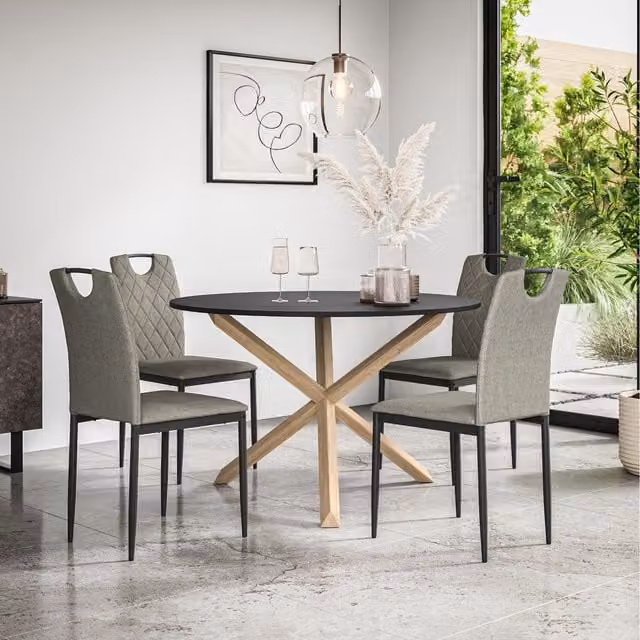More4Homes Malvern Round Black Dining Table Set with Solid Oak Legs and 4 Grey Monza Linen Chairs, Diameter: 120 cm, Height: 75 cm