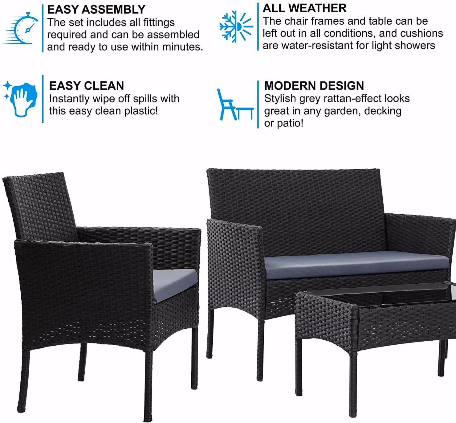 MCC Direct Roger Black Rattan Garden Furniture Set with Table, Chairs and Sofa – 2