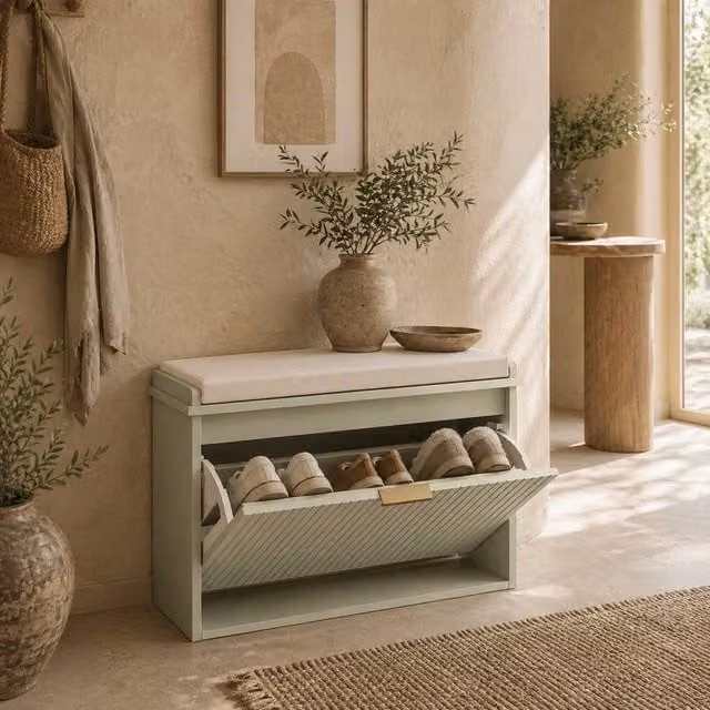 Wyld Haus Kalimba Green Shoe Bench with Beige Cushioned Top – 1