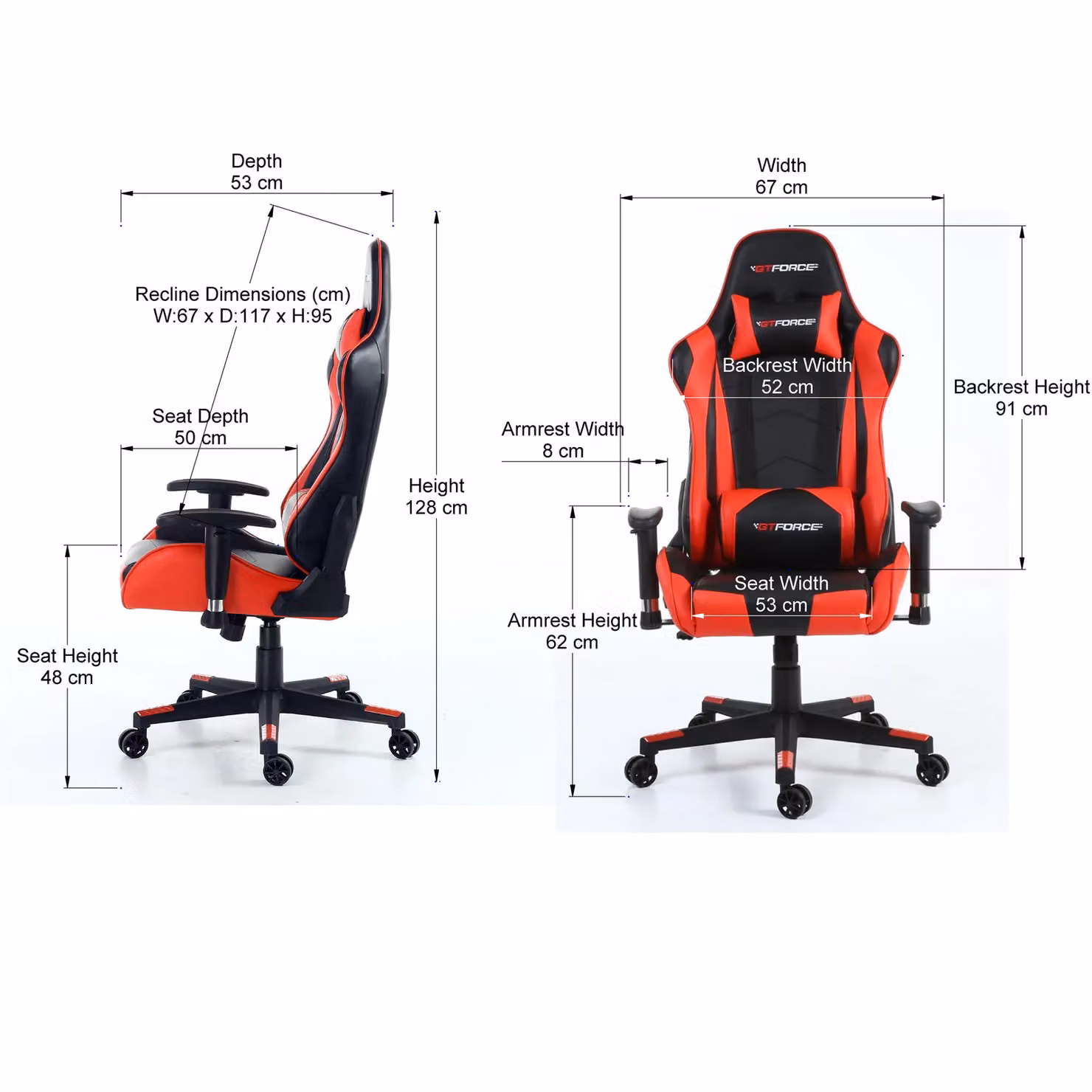 GTForce Pro FX Reclining Sports Racing Gaming Chair in Red with Faux Leather and Headrest, H 121 x W 72 x D 68 cm – 3