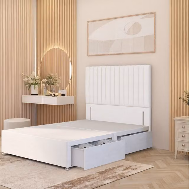 Somnior Beds Ltd Verona Divan Bed Base with Floor Standing Headboard in White Plush Velvet with Drawers, W/D/H: 90 x 190 cm