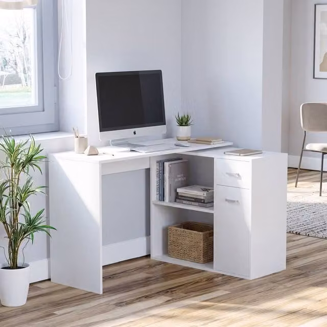 STILVORA Modern L-Shaped Corner Desk with Storage Shelves, Drawer and Cabinet in White